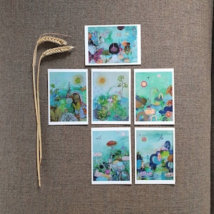 Zoveel te zien - Set van 6 kaarten | Kleurrijke vrolijke kunstkaarten van uniek schilderij met speels landschap vol dieren | Ansichtkaart