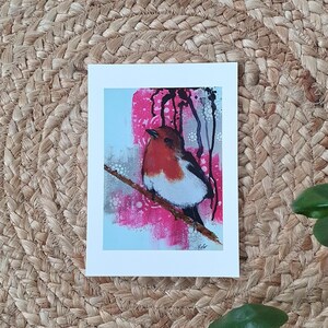 Carte de voeux rouge-gorge avec gouttes et motifs. Artcard peinture d'oiseau pour le soutien, le deuil, toutes les occasions. Carte postale pour amoureux des animaux