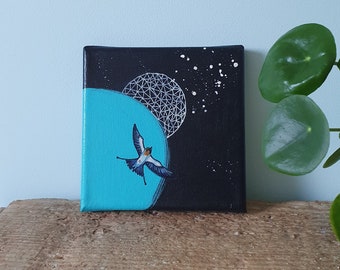 Bird planets geometrical original abstract galaxy landscape in night black turquoise & orange. Swallow Moon illustration small 15x15 canvas