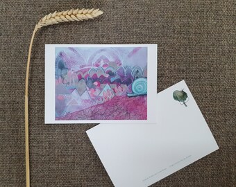 Big snail in bumpy mountain landscape greeting card, Take it slow Easy, Blank postcard for support burnout grief, Snailmail, painting print