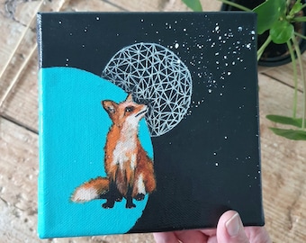 Fox at night surrounded by moon stars planets galaxy geometric abstract landscape. Original small canvas Zodiac illustration Black turquoise