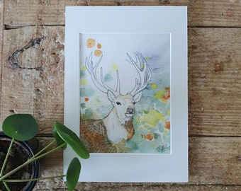 Red deer watercolor original painting with bookpaper collage, Big antlers wild animal amongst forest and flowers, Hand drawn. Stag gift