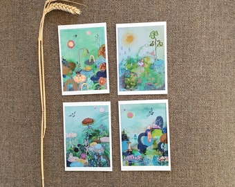 Wonderland Set of 4 postcards with surreal illustrated paintings, Colorful fun blank greeting cards with wildlife, rainbows and nature.