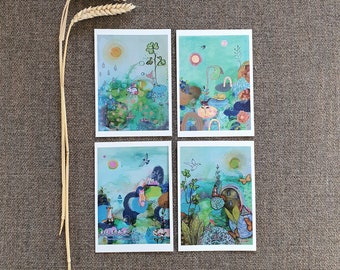 Painted dreams Set of 4 postcards with surreal illustrated paintings, Colorful fun blank greeting cards with wildlife, rainbows and nature.