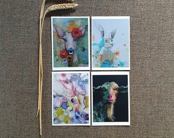 Deer goat rabbit hare Set of 4 postcards with painted animals ' Look at me ' | Colorful fun artcards | Blank greeting cards with wildlife