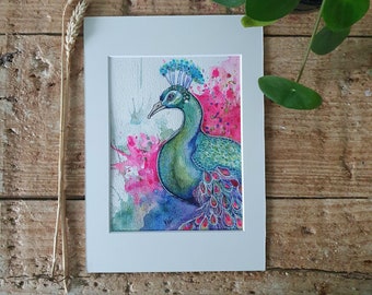 Proud peacock watercolor original painting in pink green blue purple, colorful feathers, gorgeous animal, Hand painted gift for bird lover