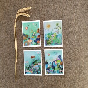 Ensemble de 4 cartes postales au pays des merveilles avec des peintures illustrées surréalistes, des cartes de voeux vierges colorées et amusantes avec des animaux sauvages, des arcs-en-ciel et la nature.