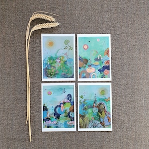 Dromen vastgelegd Set van 4 wenskaarten met surrealistische natuur schilderijen, Kleurrijke vrolijke blanco kaarten ansichtkaart postkaart