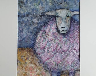 Sheep in pink layers, original animal painting. Farm artwork with lace paper collage layers, Whimsical art, Fantasy expressionist A3 size