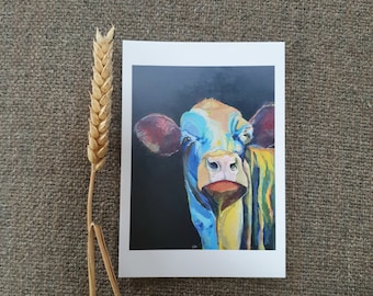 Colorful cow head portrait greeting card. Art postcard for any occasion everyday, for animal lover or farmer. Fun fantasy dairy farm print