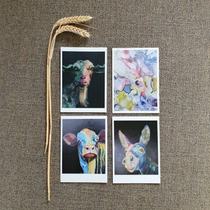 Lot de 4 cartes postales avec art animalier, ces yeux doux, cartes de voeux vierges avec des ânes et des cerfs peints colorés et amusants, des cartes d'art