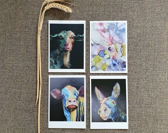 Those eyes Set of 4 postcards with painted animals, Blank greeting cards with colorful fun painted cow donkey goat deer, art cards