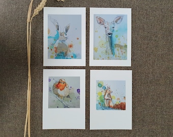 Watercolor bookpaper animals Set of 4 postcards, greeting cards with wildlife and nature paintings, deer rabbit squirrel robin Gift bookworm