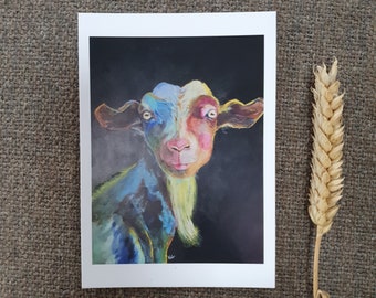 Colorful goat portrait painting greeting card. Artwork postcard for any occasion everyday, for animal lover or farmer. Funny farm sheep.