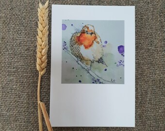 Red robin greeting card with music paper book paper. Watercolor bird painting postcard for support, grief, condolence, musical, any occasion