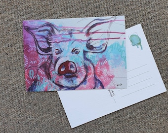 Pink pig hog swine on textured watercolor paper greeting card, Splash letter pattern, Artcard unique painting, Farmer Farm animal lover