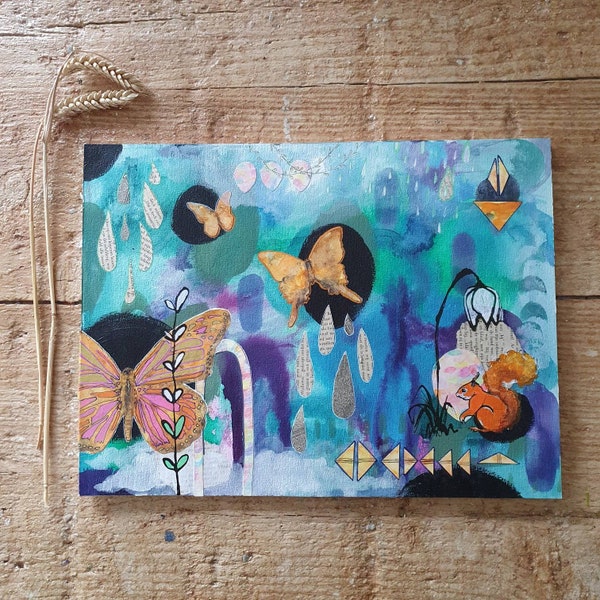 Butterflies & Squirrel original painting Dreamy colorful landscape Fantasy nature painting with animals + flower Butterfly raindrops collage