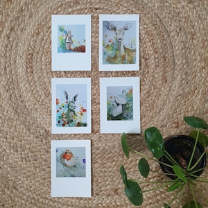 Cinque animali di carta da acquerello Set di 5 cartoline, biglietti di auguri con dipinti di animali selvatici, cigni, cervi, conigli, scoiattoli, pettirosso rosso, uccelli
