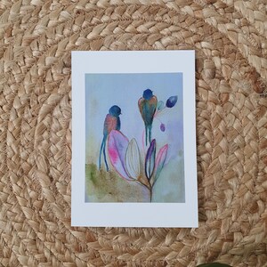 Aquarelle d'oiseaux sur carte de voeux de boutons floraux. Peinture carte postale pour toutes les occasions : merci, romantique, soutien, bonjour amateur de jardin