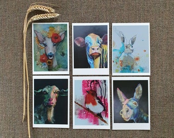 Set of 6 animal portrait painting postcards ' She's got the look ' , Colorful fun artcard of unique painting, Blank card sweet cute animal