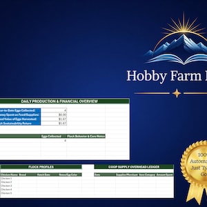 May include: A digital Hobby Farm Log spreadsheet template on a dark blue background. It features sections for Daily Production & Financial Overview, Flock Profiles, and a Coop Supply Overhead Ledger. A gold seal reads 100% Automated - Just Type & Go!