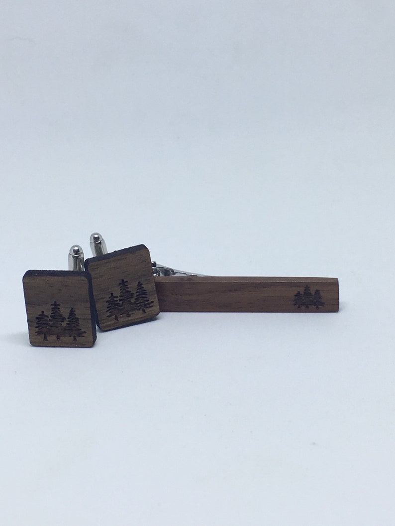 Walnut with trees cufflink and tie clip set wood Cufflinks wood tie clip groom groomsmen gift gifts for him wedding cufflinks men image 2