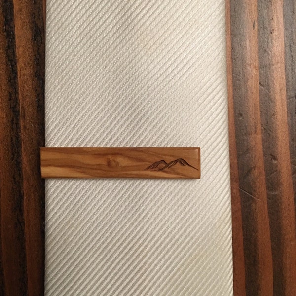 Olive Wood Tie Clip with mountains - wood tie clip - tie clip - wedding accessories - grooms accessories - groomsmens gift - gifts for him