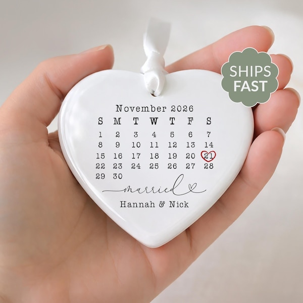 Custom Wedding Date Ornament – Personalized Calendar Gift – First Christmas Married Keepsake – Engagement or Anniversary Gift