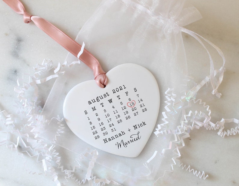 Married Ornament Wedding Gift Wedding Date ornament Calendar Anniversary Gift Our First Christmas Newlywed Gift Engagement Gift image 2