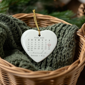 Custom Wedding Date Ornament – Personalized Calendar Gift – First Christmas Married Keepsake – Engagement or Anniversary Gift Red w/ red ribbon
