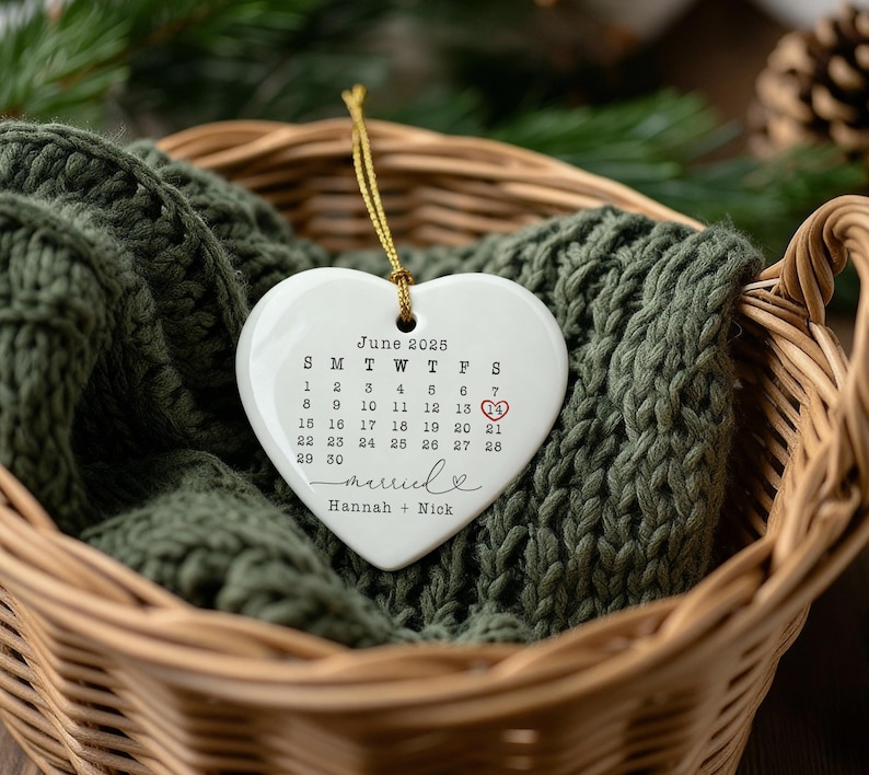 Custom Wedding Date Ornament – Personalized Calendar Gift – First Christmas Married Keepsake – Engagement or Anniversary Gift Red w/ red ribbon
