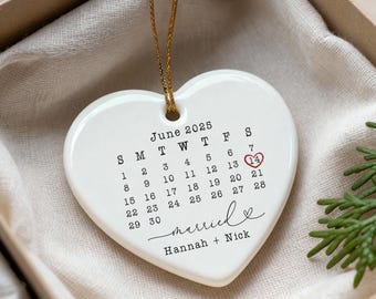 Custom Wedding Date Ornament – Personalized Calendar Gift – First Christmas Married Keepsake – Engagement or Anniversary Gift