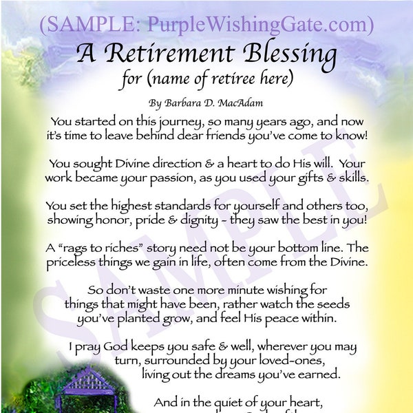 Meaningful Retirement Card, FREE NAME on 5x7 Frameable Retirement Blessing, Choose your Background Art, Unique Co-Worker's Retirement Gift
