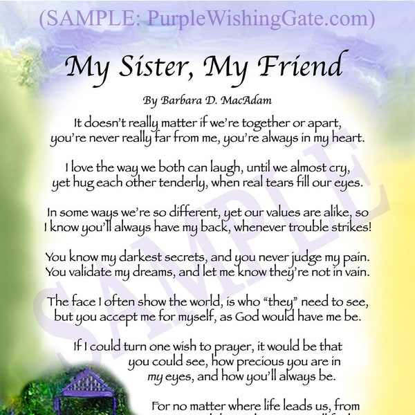 My SISTER, My FRIEND Popular Blessing Gift, 5x7 Frameable Card for Sister/Friend, Choose Your Background Art for Sister/Friend Birthday Poem