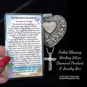 Sparkle Sterling Silver Cross Necklace w/Jewelry Box & Retirement Card, Genuine Black Diamond Cross Necklace w/Retirement Blessing for Her