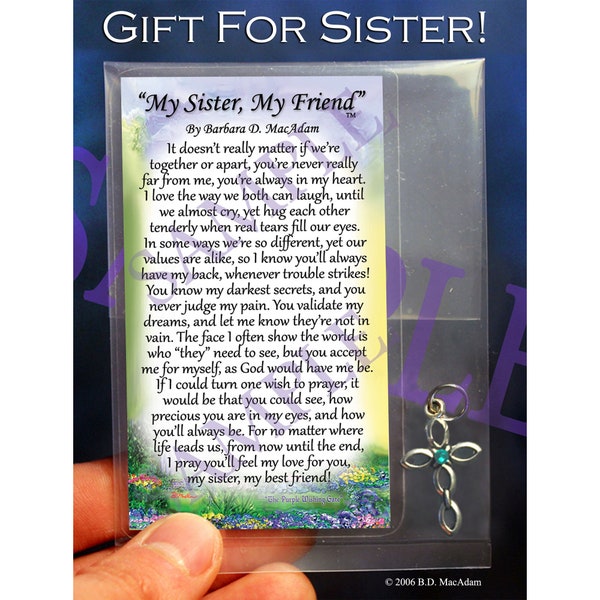 My Sister, My Friend Blessing, Sister Poem w/Silver Infinity Cross and Genuine Crystal, Sentimental Sister Pocket Blessing with Cross Charm