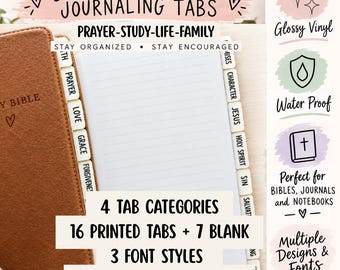 May include: Bible and prayer journaling tabs featuring white adhesive labels with black text, including categories like Prayer, Love, Grace, and Forgiveness. The set includes 16 printed tabs, 7 blank tabs, 3 font styles, and multiple design options for Bibles, journals, and notebooks.