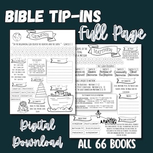 May include: Two black and white printable pages titled BIBLE TIP-INS FULL PAGE and DIGITAL DOWNLOAD ALL 66 BOOKS. The sheets feature Genesis and Matthew study guides with numbered circles, text boxes for notes, and line art illustrations of biblical themes.