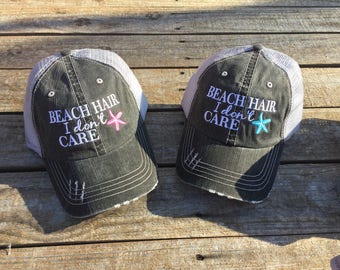 Beach Hair I Don't Care Trucker Hat with Your Choice of Starfish Color