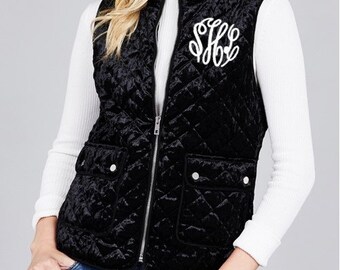 Monogrammed Velvet Quilted Vest with Pockets