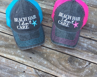 Beach Hair I Don't Care Trucker Hat with Starfish