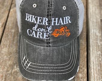 Biker Hair Don't Care Trucker Hat with Motorcycle