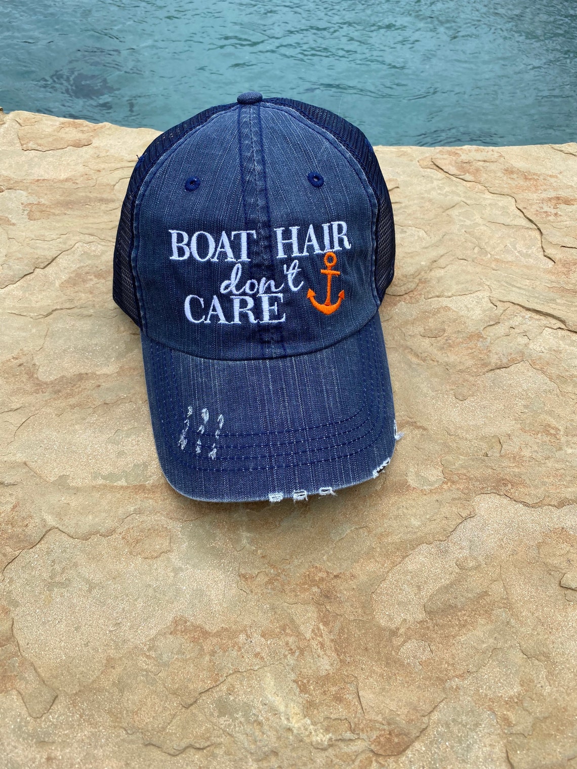 Boat Hair Don't Care Trucker Hat With Turquoise Anchor Etsy