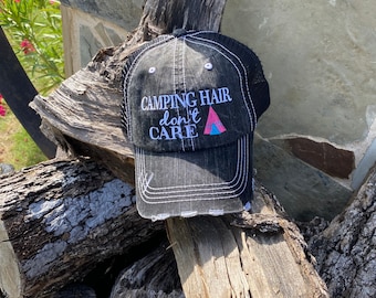 Camping Hair Don't Care Trucker Hat with Teepee on Distressed Trucker Hat