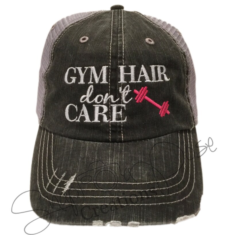 Gym Hair Don't Care Trucker Hat With Pink Barbell Etsy