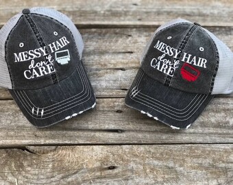 Messy Hair Don't Care Trucker Hat with Your Choice of Grill Color