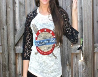 Ladies "Hey Batter Batter" Southern Grace Baseball Burnout Shirt with Lace Sleeves