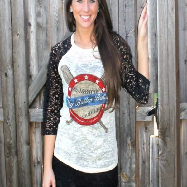 Ladies "Hey Batter Batter" Southern Grace Baseball Burnout Shirt with Lace Sleeves