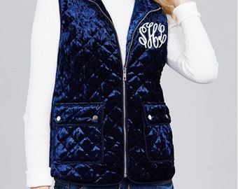 Velvet Monogrammed Quilted Vest with Pockets