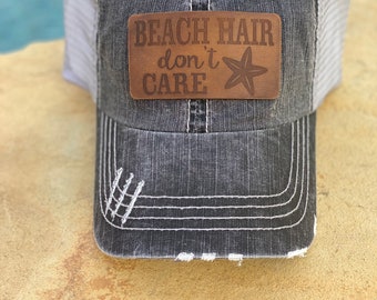 Beach Hair Don't Care Trucker Hat with Starfish on Leather Patch